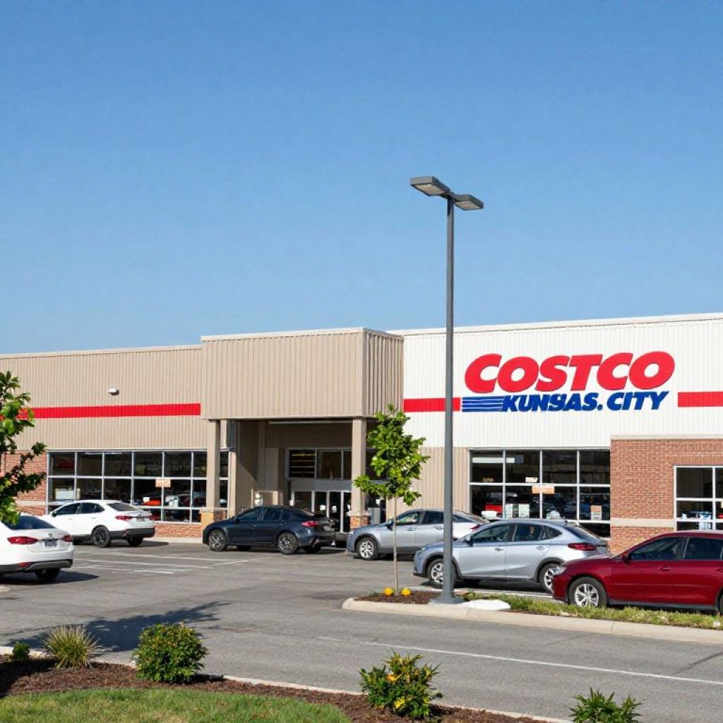 Exterior view of Costco in Midtown Kansas City with bustling shopper activity.