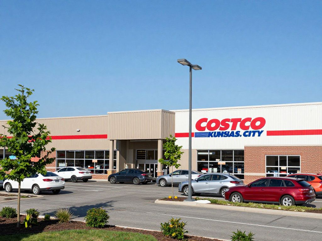 Exterior view of Costco in Midtown Kansas City with bustling shopper activity.