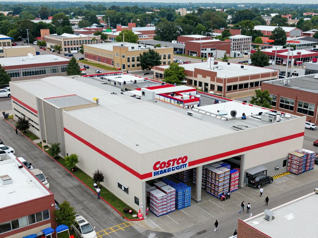 Aerial view of Costco in Midtown Kansas City crowded with shoppers.