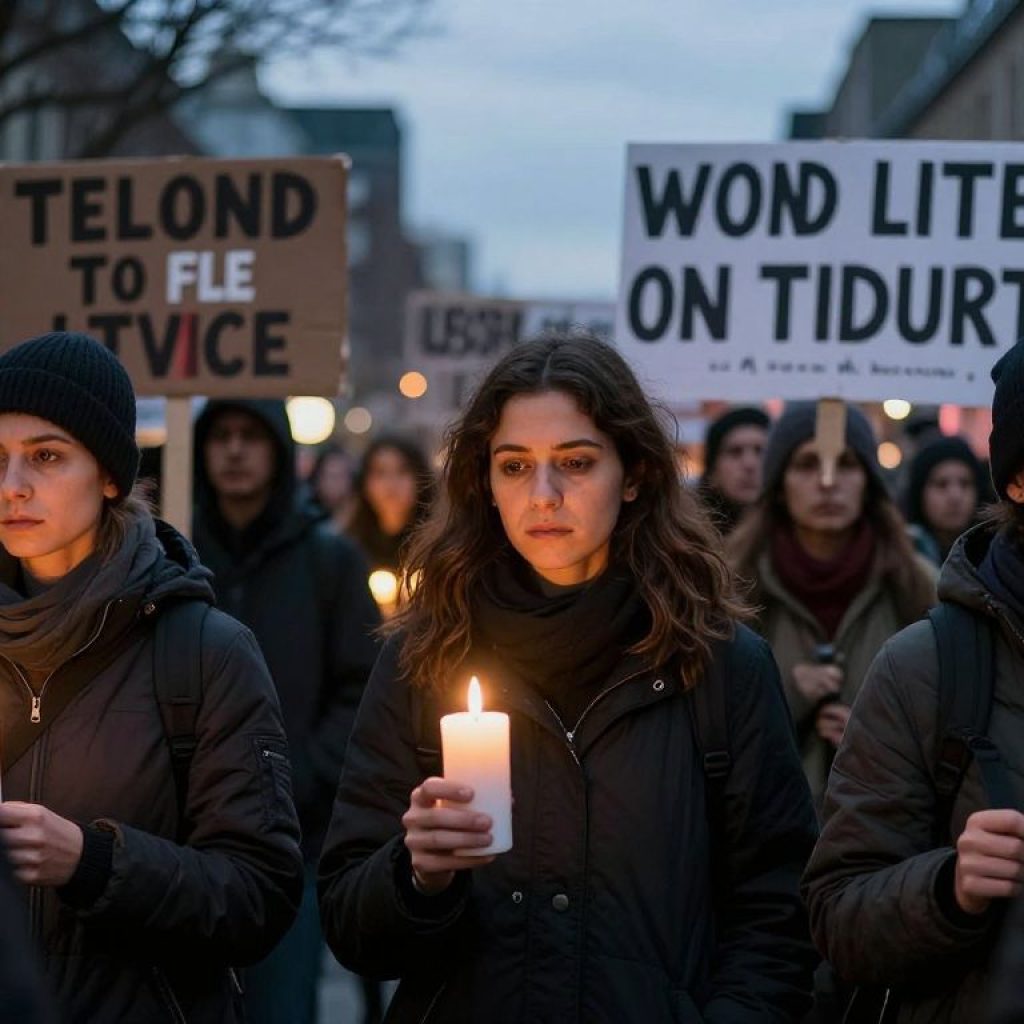 Candles and signs at a protest in Minneapolis for justice after the ICE shooting incident.