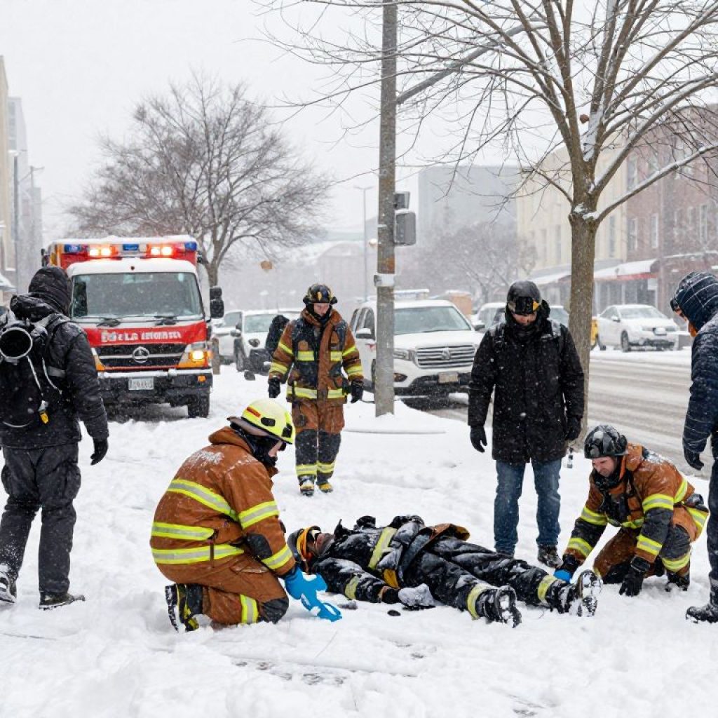 Authorities search for a missing person in snowy Kansas City.