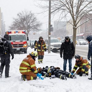 Authorities search for a missing person in snowy Kansas City.
