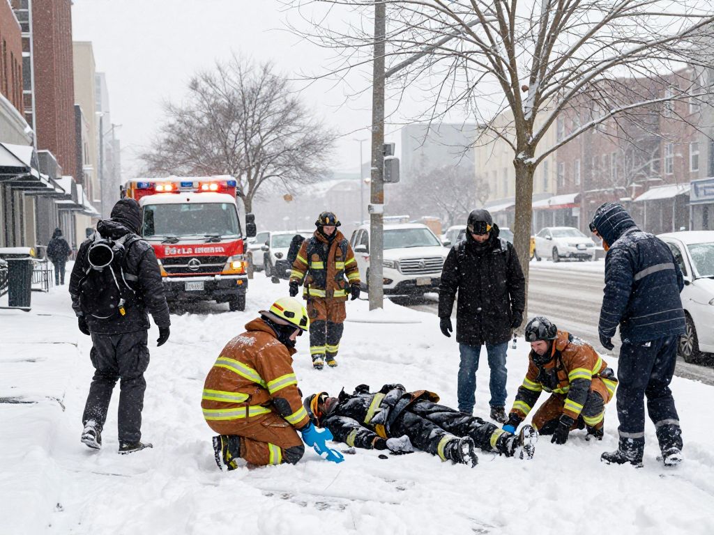Authorities search for a missing person in snowy Kansas City.