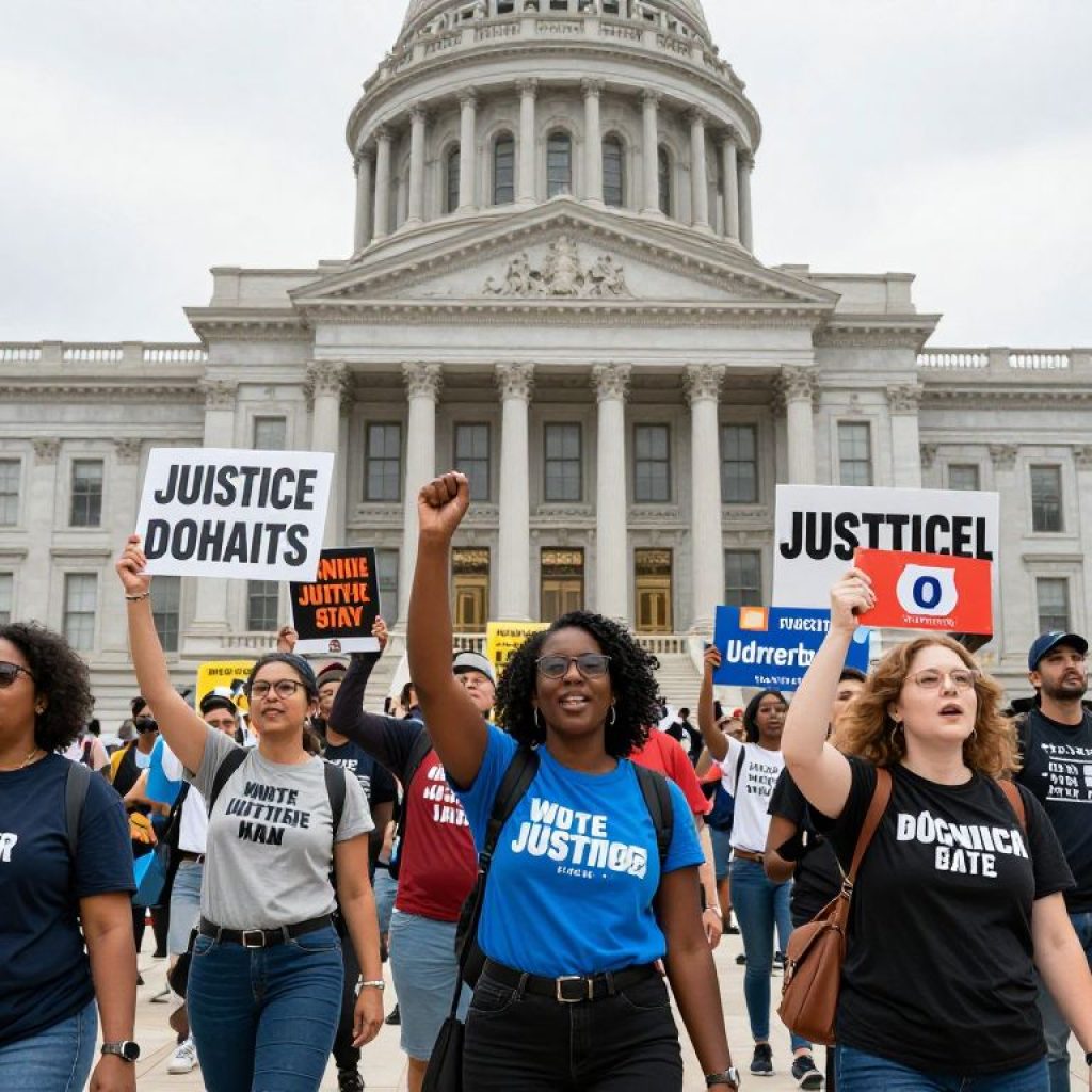 Crowd of supporters at the Missouri State Capitol during a rally for justice and progressive causes.