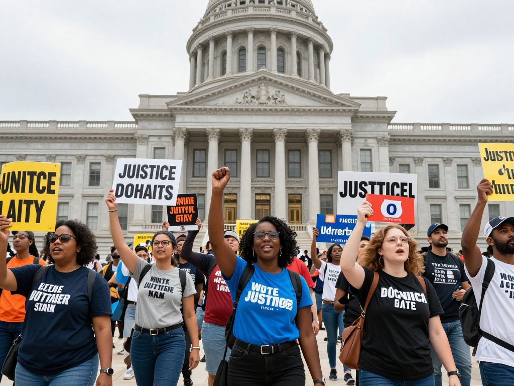 Crowd of supporters at the Missouri State Capitol during a rally for justice and progressive causes.