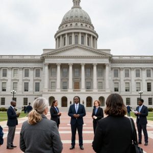 Legislative building in Missouri surrounded by community members
