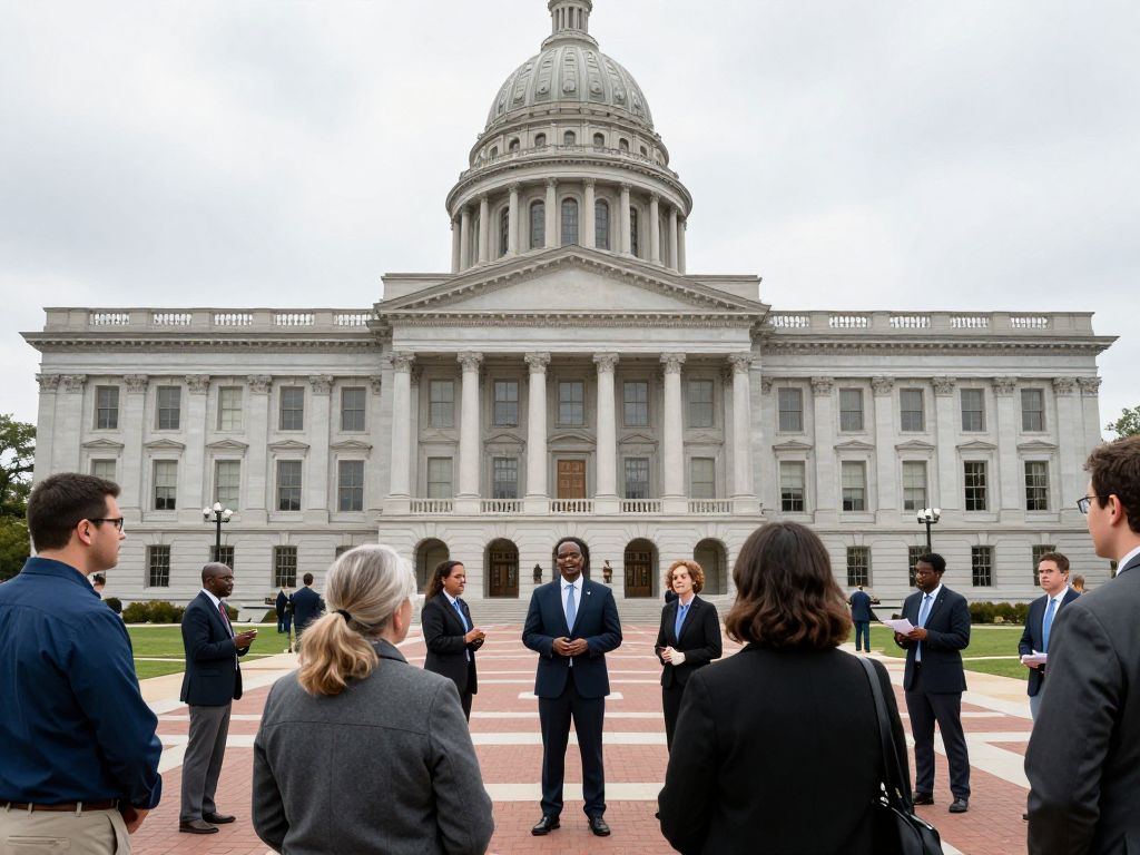 Legislative building in Missouri surrounded by community members