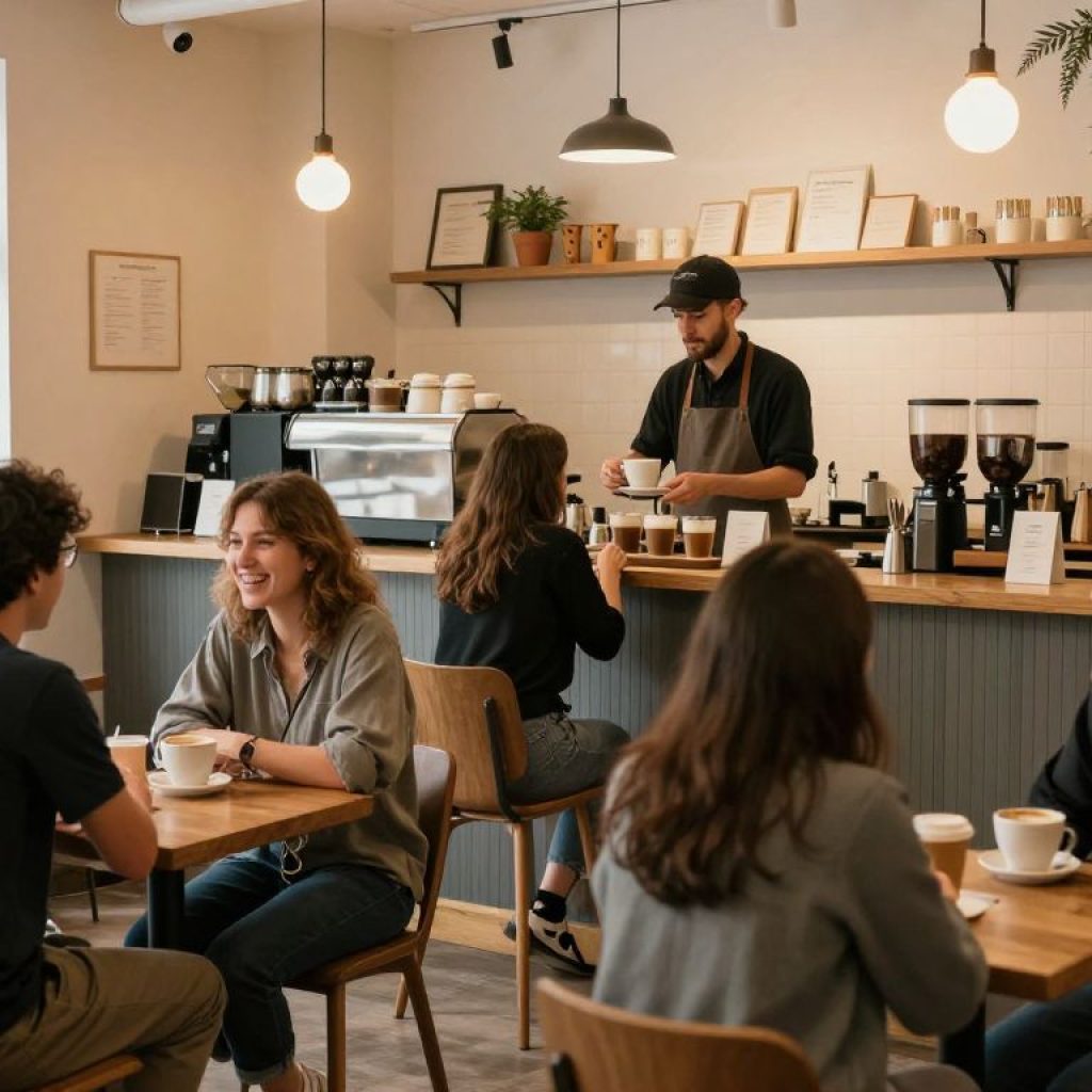 People enjoying coffee and conversations in a vibrant coffee shop in Northeast Kansas City.