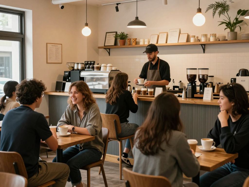 People enjoying coffee and conversations in a vibrant coffee shop in Northeast Kansas City.