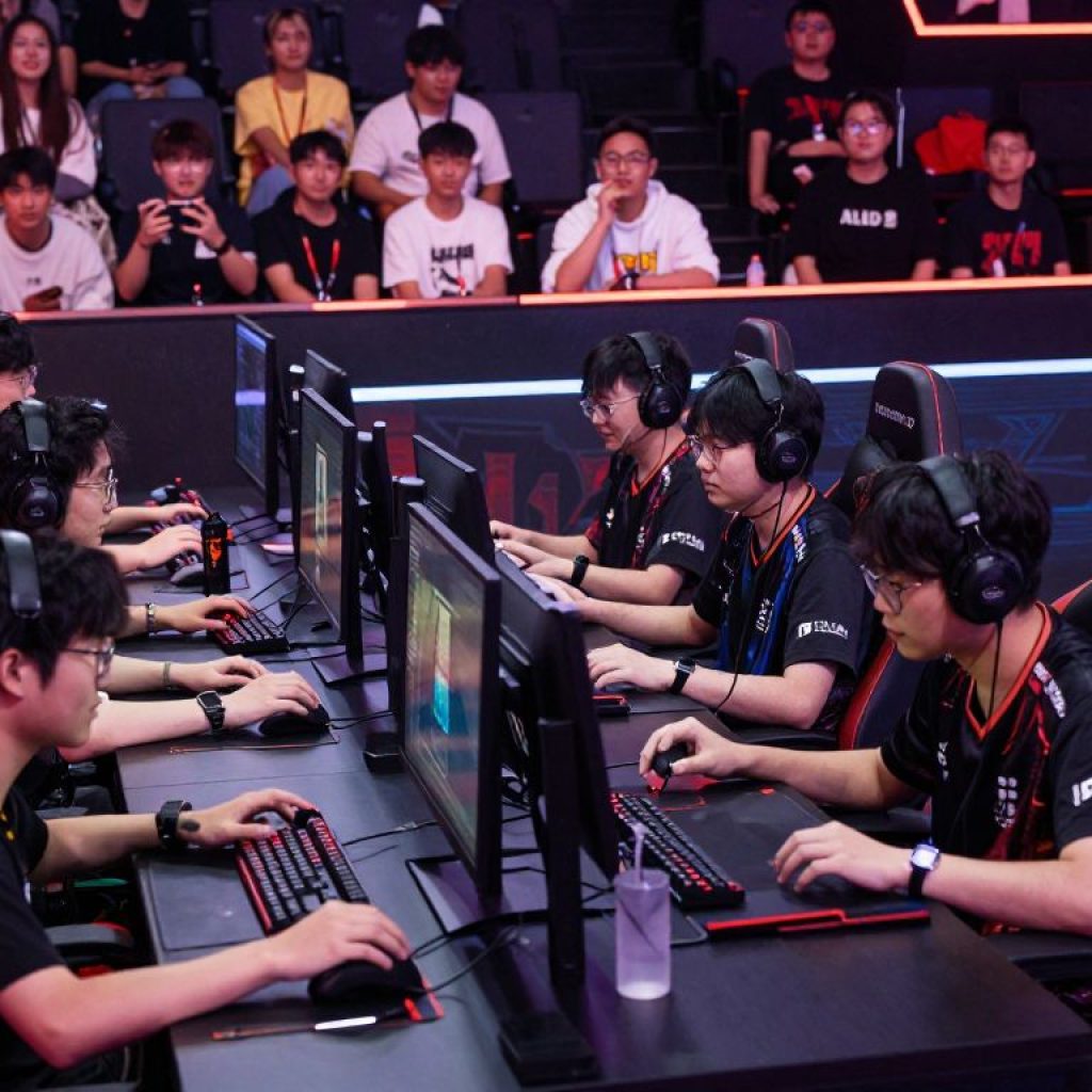 Students competing at the KSHSAA Esports State Championship in Olathe arena.