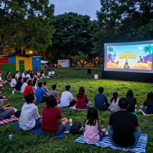 Community members enjoying a movie outdoors at the Anita B. Gorman Discovery Center
