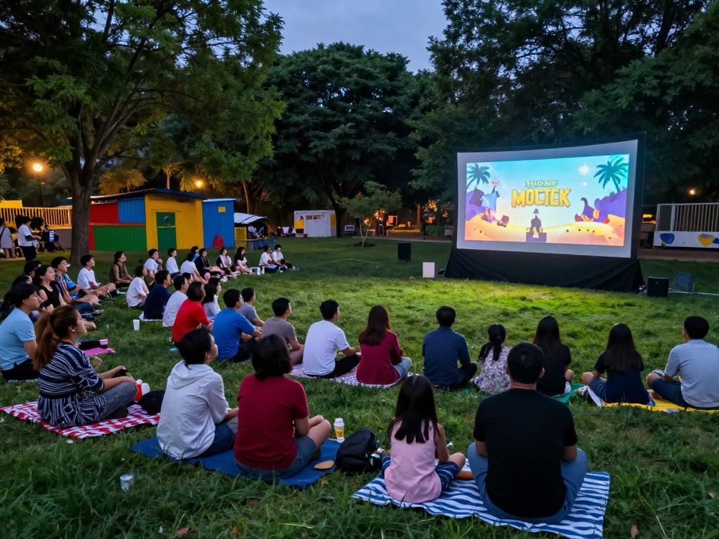 Community members enjoying a movie outdoors at the Anita B. Gorman Discovery Center