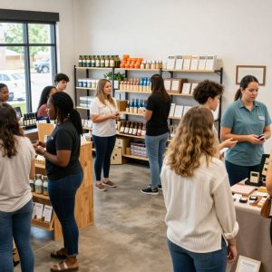 Entrepreneurs and customers in a small business environment in Overland Park.