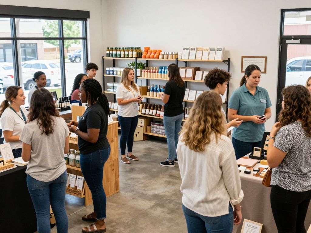 Entrepreneurs and customers in a small business environment in Overland Park.