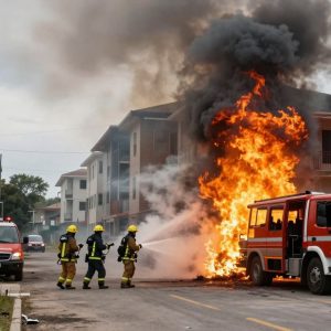 Firefighters extinguishing a fire at the vacant Parade Park apartment complex in Kansas City.