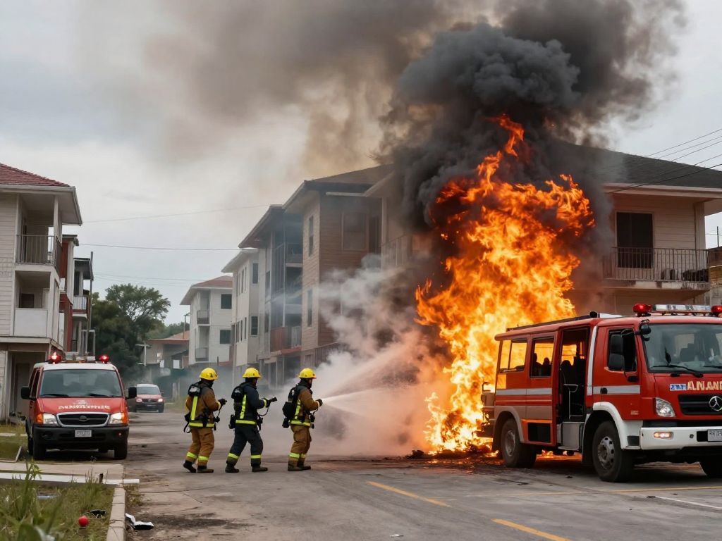 Firefighters extinguishing a fire at the vacant Parade Park apartment complex in Kansas City.