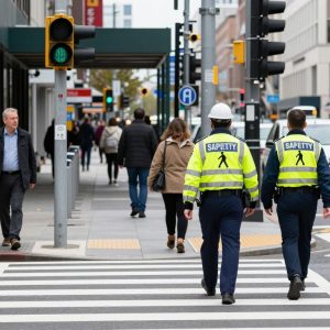 Street view showing crosswalk and traffic signs in Kansas City.