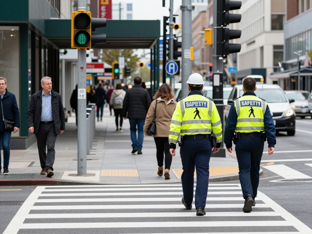 Street view showing crosswalk and traffic signs in Kansas City.