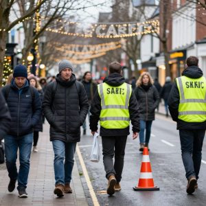 Holiday street scene focusing on pedestrian safety