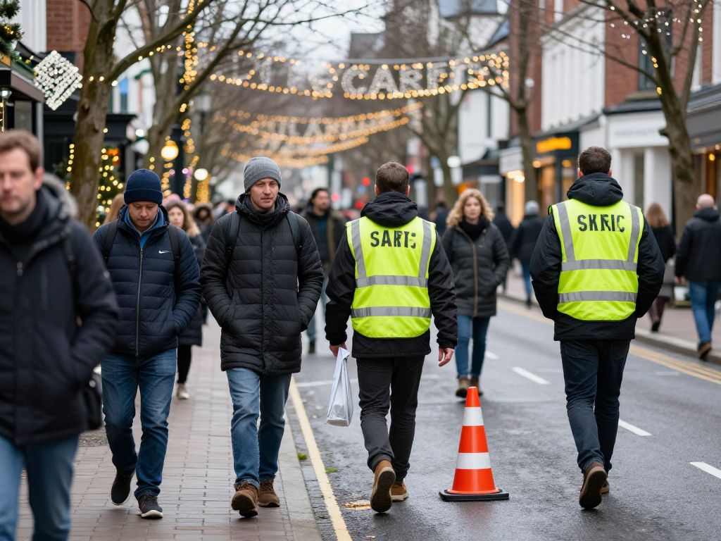 Holiday street scene focusing on pedestrian safety