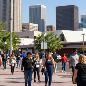 Urban scene in Phoenix with people engaged in shopping and local business activities.