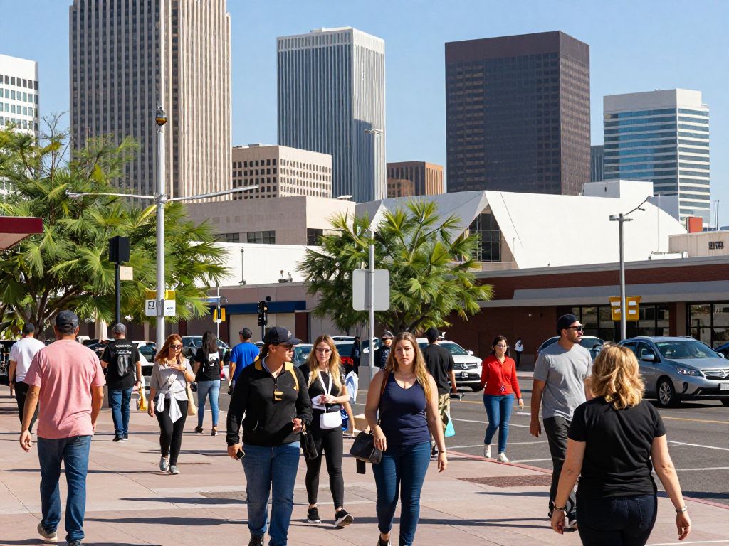 Urban scene in Phoenix with people engaged in shopping and local business activities.
