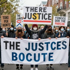 A crowd holding signs at a protest in Minneapolis demanding justice after a shooting incident.