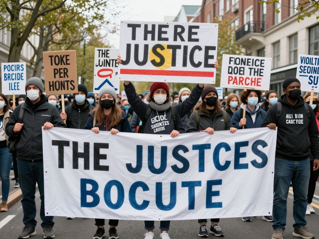A crowd holding signs at a protest in Minneapolis demanding justice after a shooting incident.