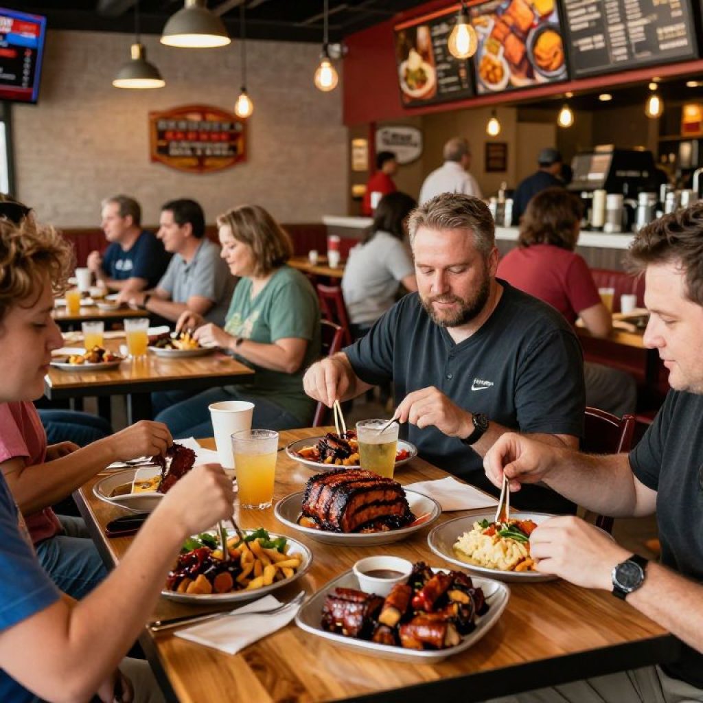Interior of Q39 with customers enjoying meals and colorful BBQ dishes.