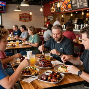 Interior of Q39 with customers enjoying meals and colorful BBQ dishes.
