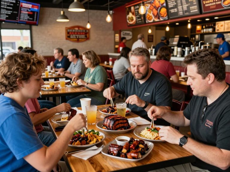 Interior of Q39 with customers enjoying meals and colorful BBQ dishes.