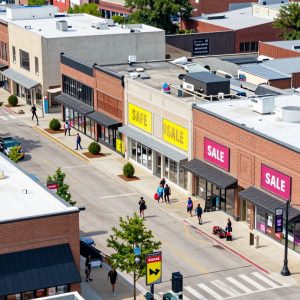 A vibrant retail area in Kansas City filled with shoppers and discount signs