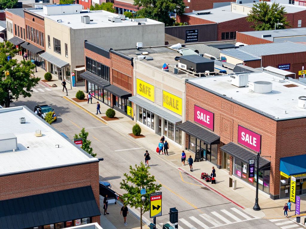A vibrant retail area in Kansas City filled with shoppers and discount signs
