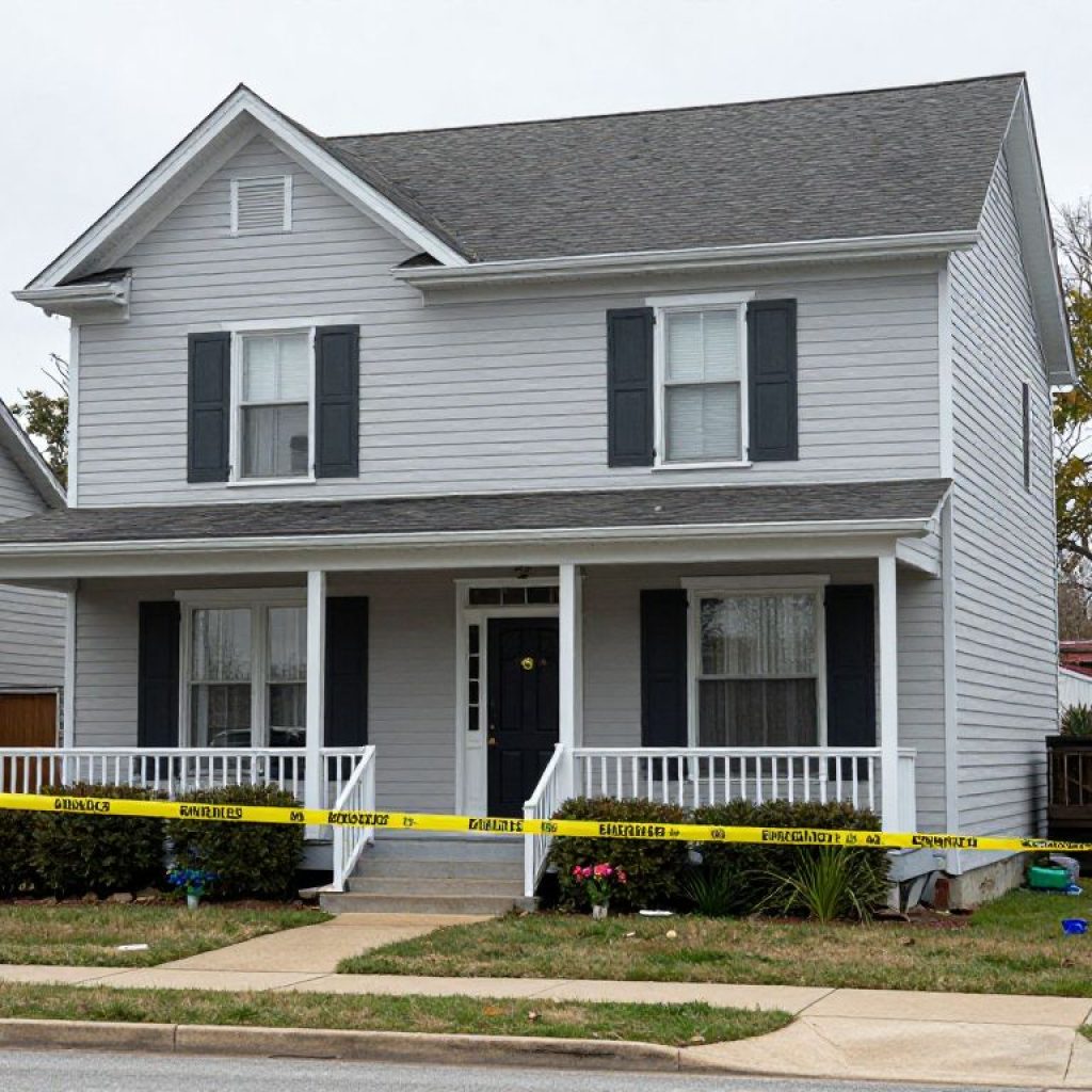 Exterior of a townhome in Riverside, Missouri, marked as a crime scene.