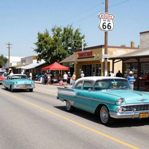 Celebration of Route 66 Centennial with classic cars and local festivities.