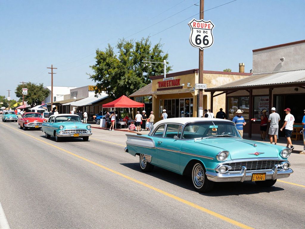 Celebration of Route 66 Centennial with classic cars and local festivities.