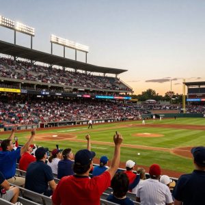 Kansas City Royals baseball stadium during sunset with fans