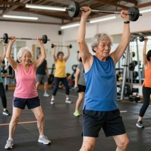 Seniors participating in a weight training class at a community gym.