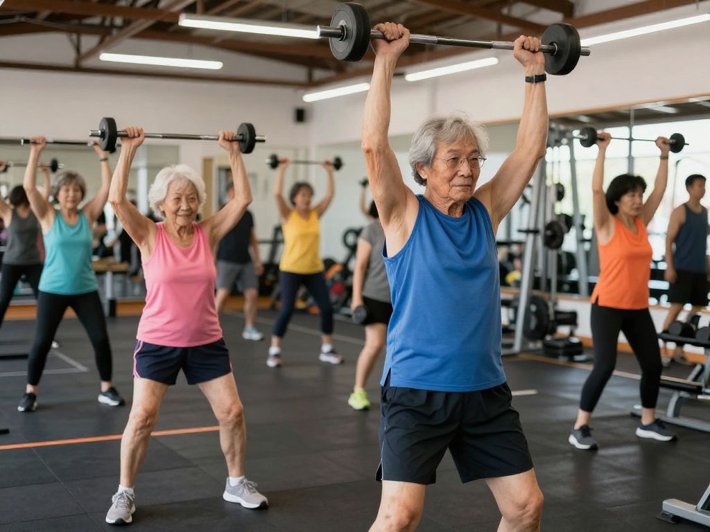 Seniors participating in a weight training class at a community gym.