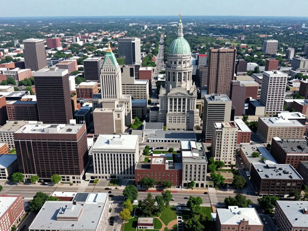 Aerial view of St. Louis showing urban and suburban areas