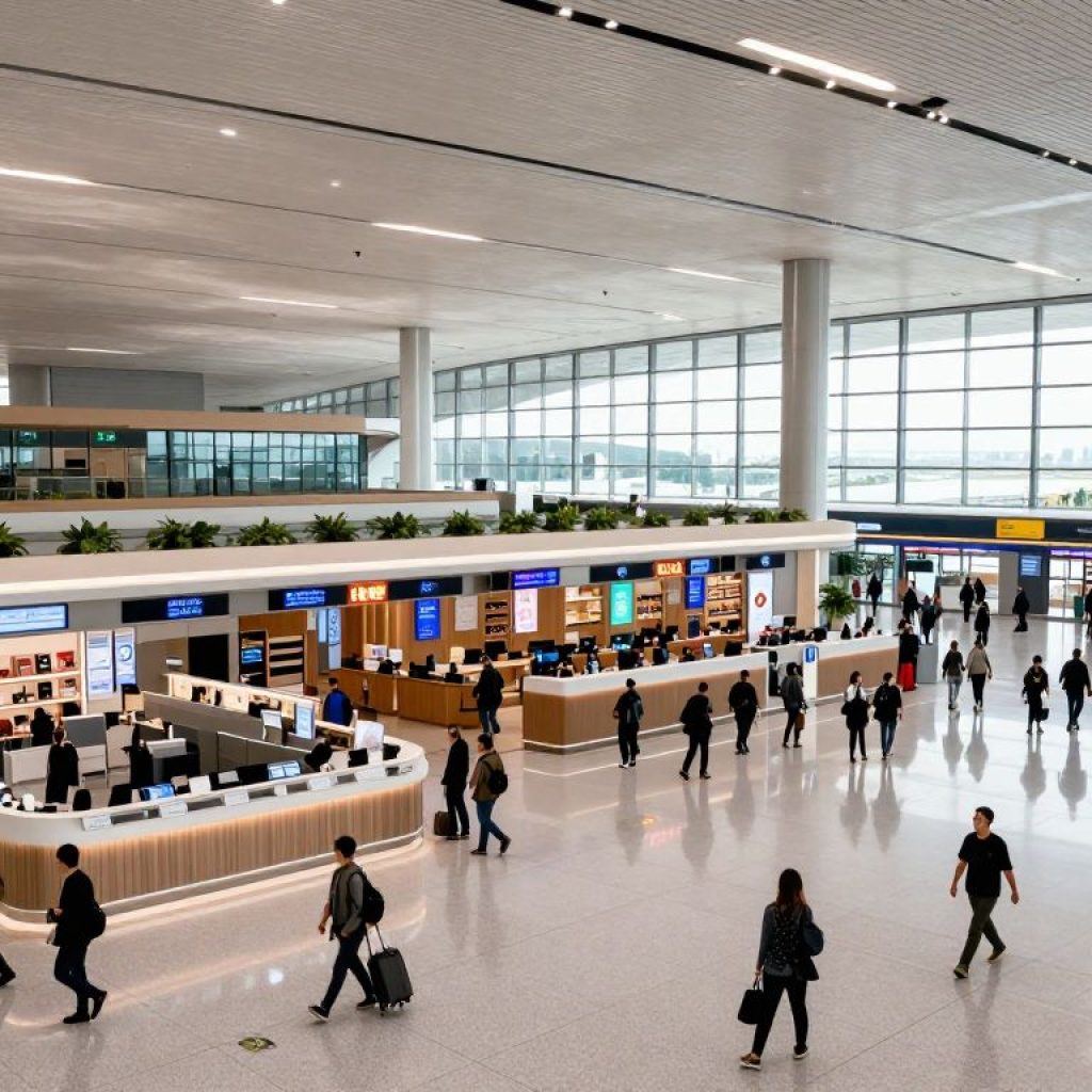 A modern airport terminal with happy travelers and advanced facilities