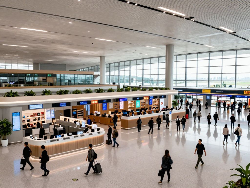 A modern airport terminal with happy travelers and advanced facilities
