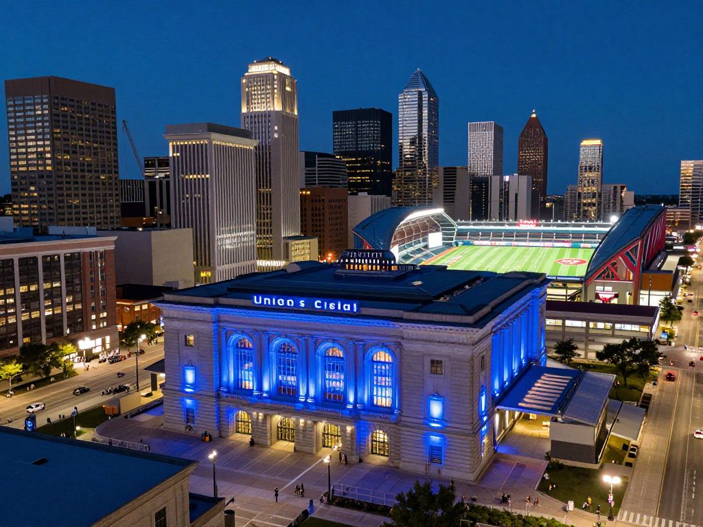 Union Station facade illuminated in blue to support the downtown stadium project