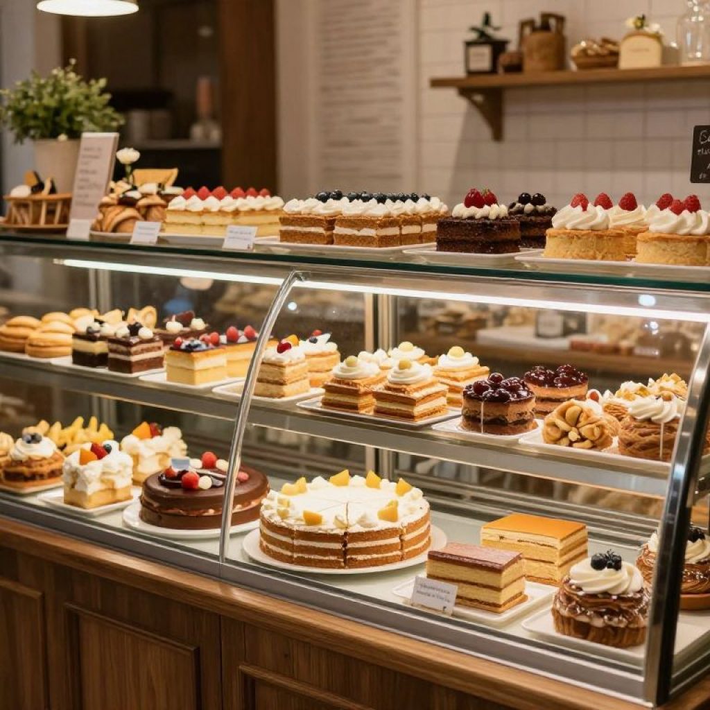 Exterior view of Wally's Pastry Shop in Kansas City with a variety of desserts on display