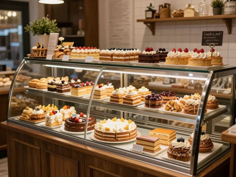 Exterior view of Wally's Pastry Shop in Kansas City with a variety of desserts on display