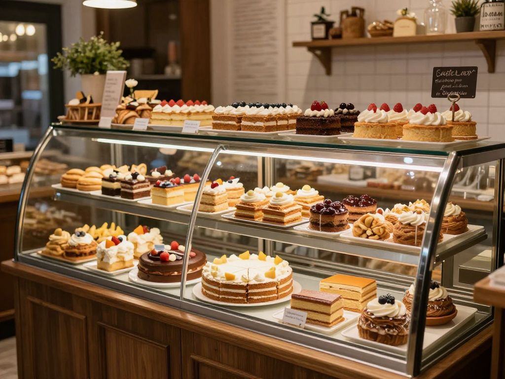 Exterior view of Wally's Pastry Shop in Kansas City with a variety of desserts on display
