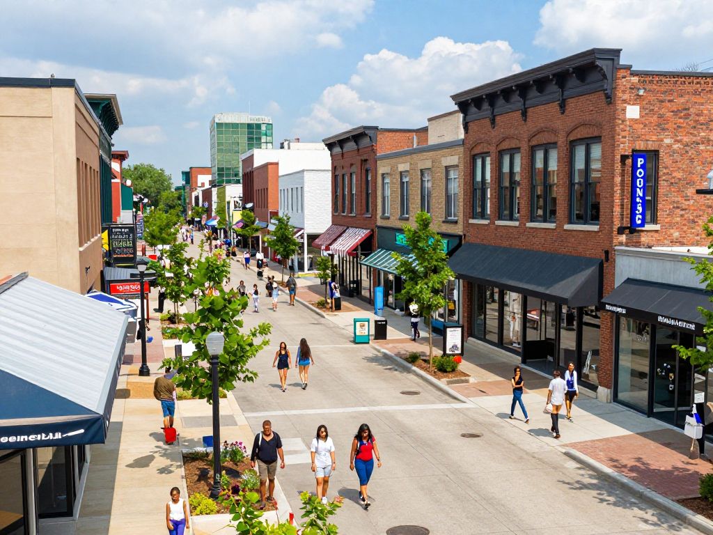 A view of Zona Rosa shopping district in Kansas City with busy shoppers.