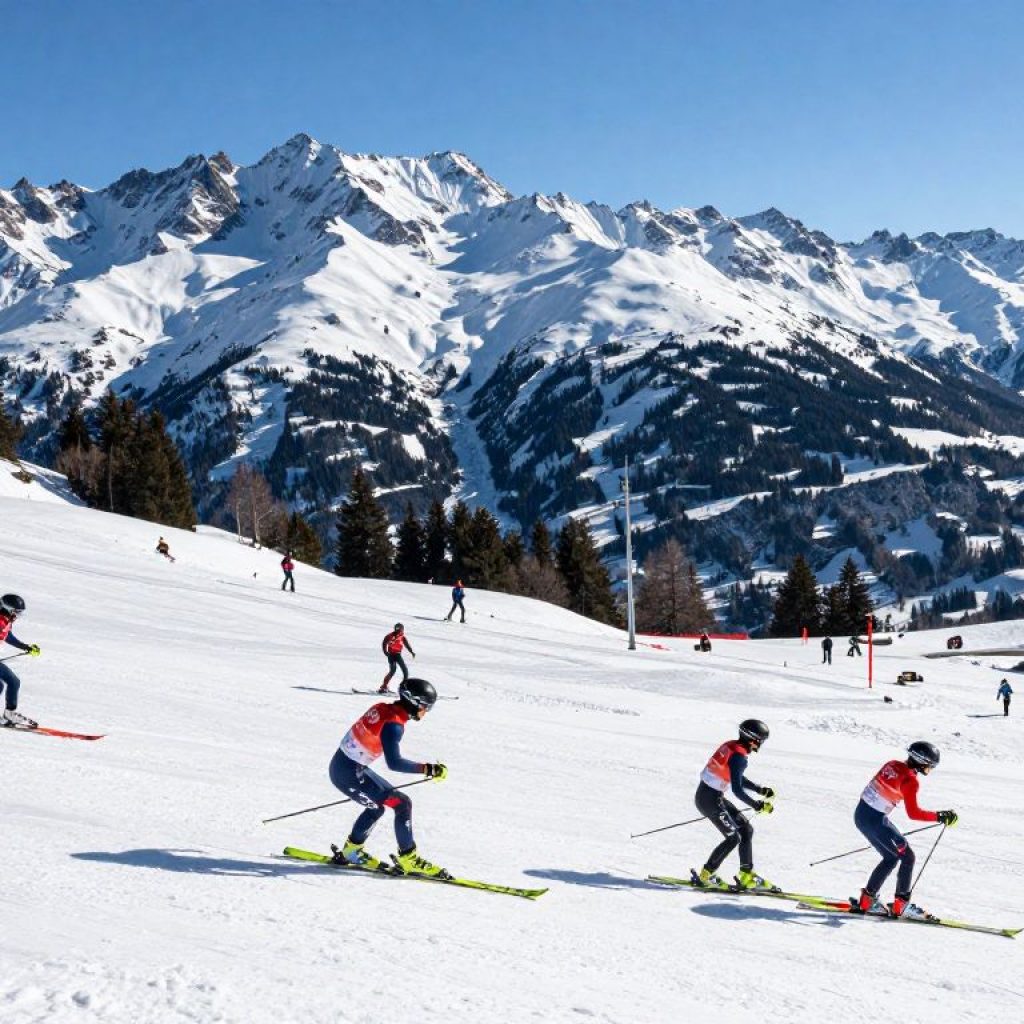 Athletes participating in winter sports against the backdrop of the Italian Alps during the Winter Olympics.