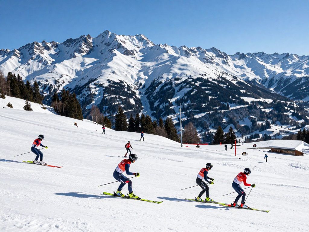 Athletes participating in winter sports against the backdrop of the Italian Alps during the Winter Olympics.