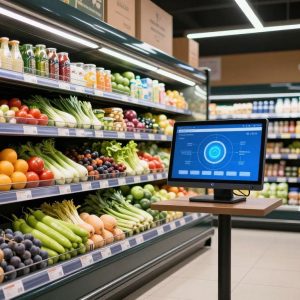 Grocery store with advanced AI technology for produce management.